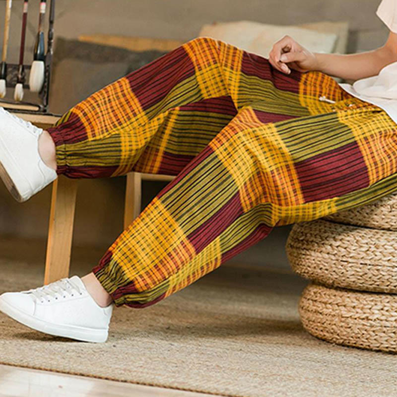 Pantalones harén de lino y algodón con rayas a cuadros de verano para hombre con bolsillos de Buddha Stones - image 26