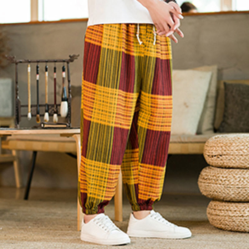 Pantalones harén de lino y algodón con rayas a cuadros de verano para hombre con bolsillos de Buddha Stones - image 23