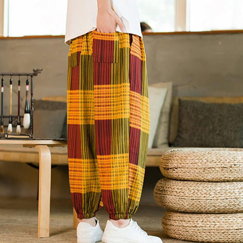 Pantalones harén de lino y algodón con rayas a cuadros de verano para hombre con bolsillos de Buddha Stones - image 24