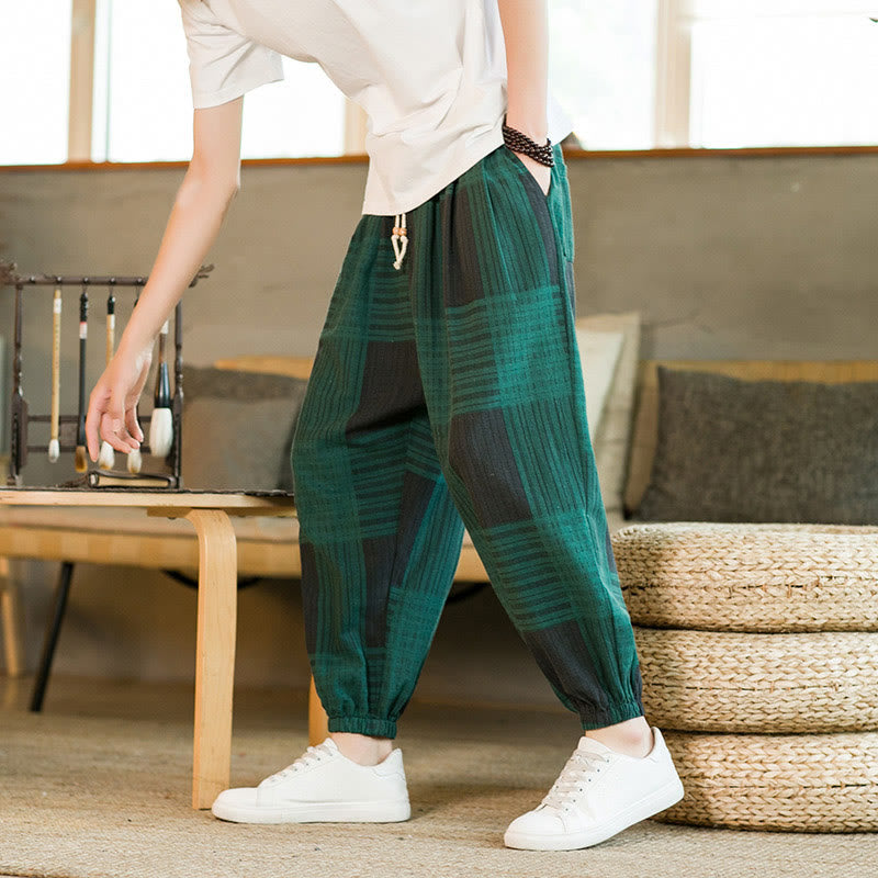Pantalones harén de lino y algodón con rayas a cuadros de verano para hombre con bolsillos de Buddha Stones - image 14