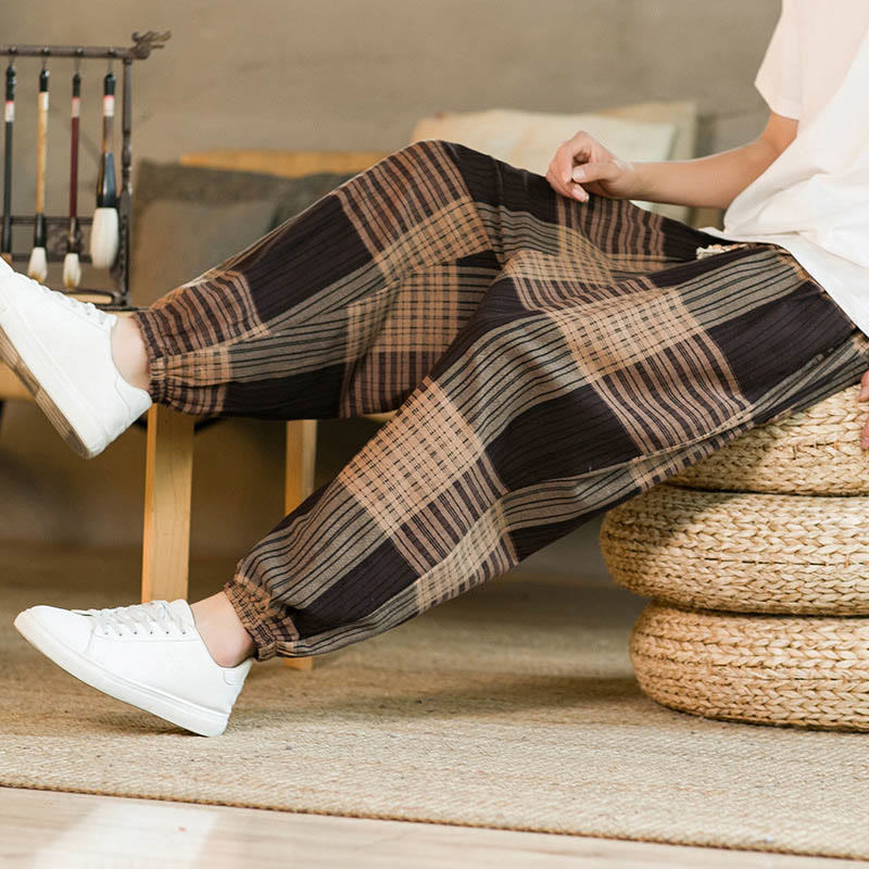 Pantalones harén de lino y algodón con rayas a cuadros de verano para hombre con bolsillos de Buddha Stones - image 7
