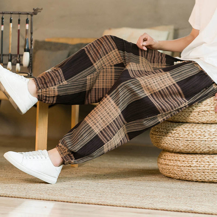 Pantalones harén de lino y algodón con rayas a cuadros de verano para hombre con bolsillos de Buddha Stones - image 7
