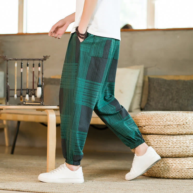 Pantalones harén de lino y algodón con rayas a cuadros de verano para hombre con bolsillos de Buddha Stones - image 16