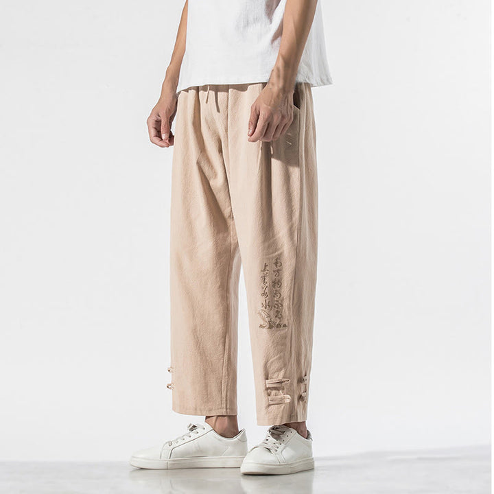 Pantalones de lino y algodón para hombre con bordado de caracteres chinos y Buddha Stones, con bolsillos, para verano - Trigo - US/UK/AU46, EU56 (5XL) - image 10