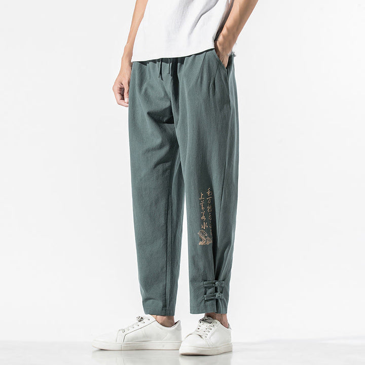 Pantalones de lino y algodón para hombre con bordado de caracteres chinos y Buddha Stones, con bolsillos, para verano - Cadete Azul - US/UK/AU46, EU56 (5XL) - image 21