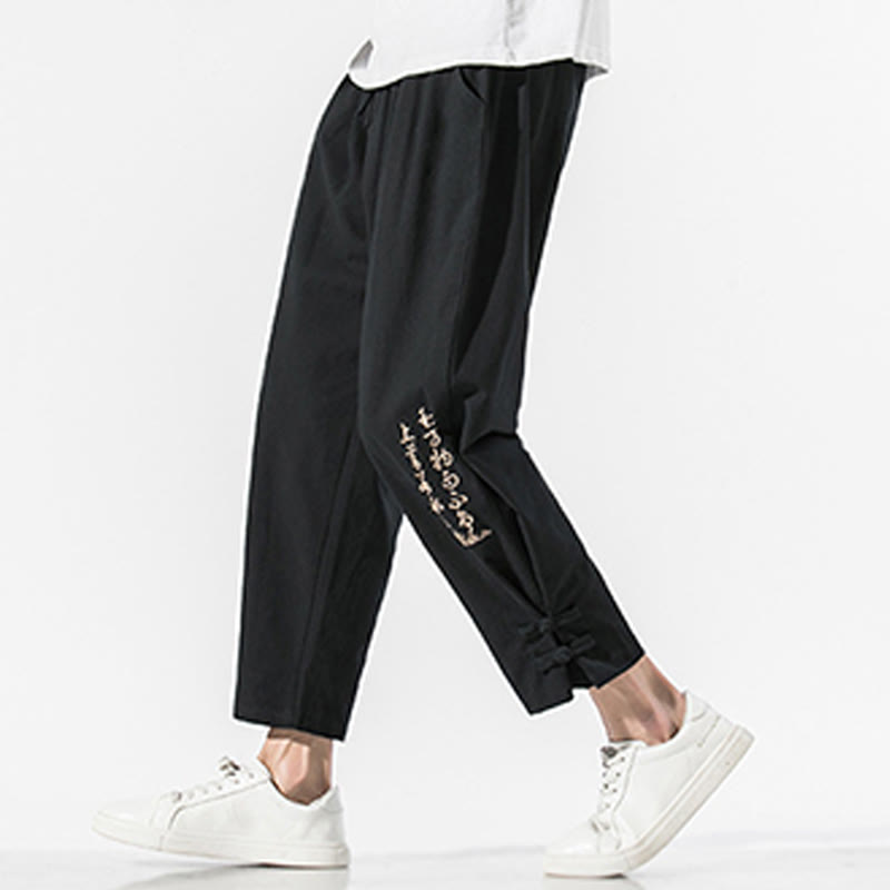 Pantalones de lino y algodón para hombre con bordado de caracteres chinos y Buddha Stones, con bolsillos, para verano - Negro - US/UK/AU46, EU56 (5XL) - image 1