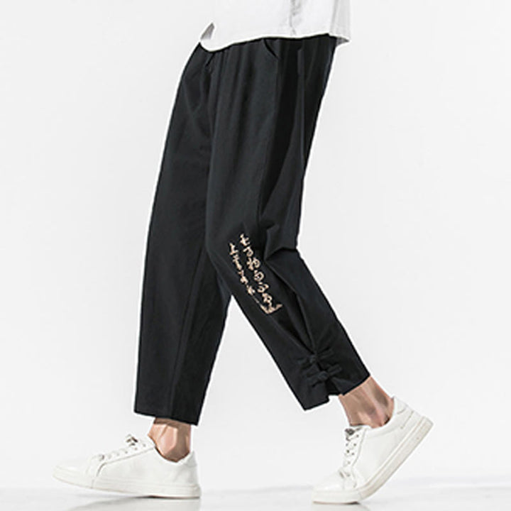 Pantalones de lino y algodón para hombre con bordado de caracteres chinos y Buddha Stones, con bolsillos, para verano - Negro - US/UK/AU46, EU56 (5XL) - image 1