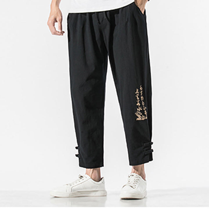 Pantalones de lino y algodón para hombre con bordado de caracteres chinos y Buddha Stones, con bolsillos, para verano - image 5