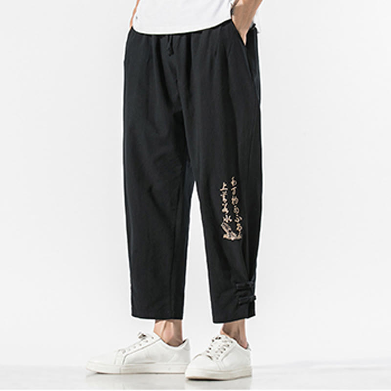 Pantalones de lino y algodón para hombre con bordado de caracteres chinos y Buddha Stones, con bolsillos, para verano - image 2