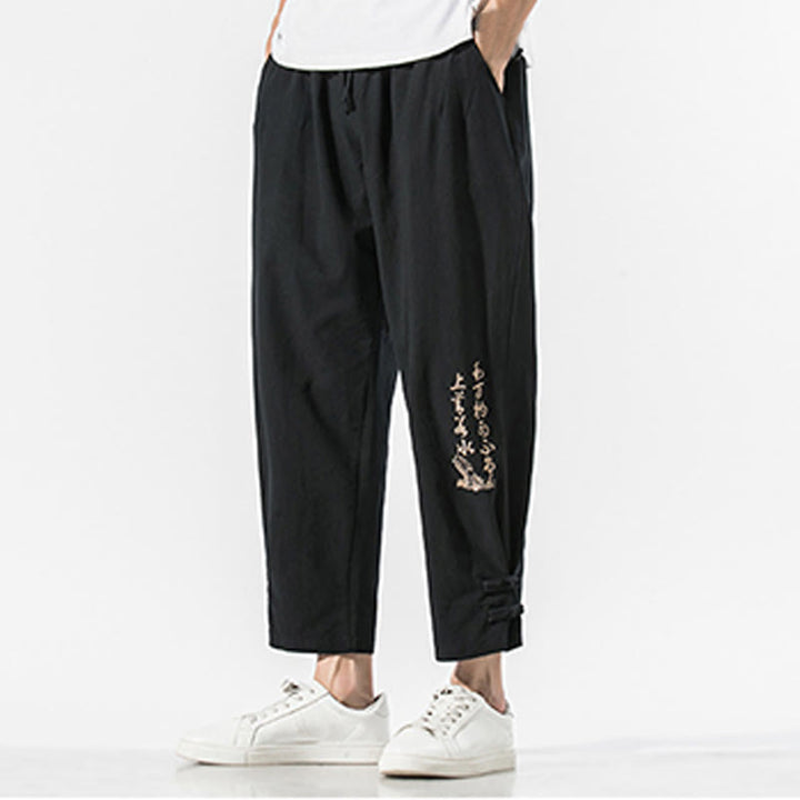 Pantalones de lino y algodón para hombre con bordado de caracteres chinos y Buddha Stones, con bolsillos, para verano - image 2