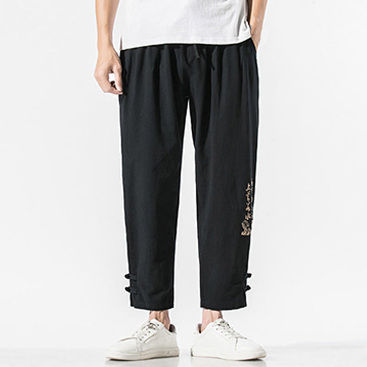 Pantalones de lino y algodón para hombre con bordado de caracteres chinos y Buddha Stones, con bolsillos, para verano - image 3