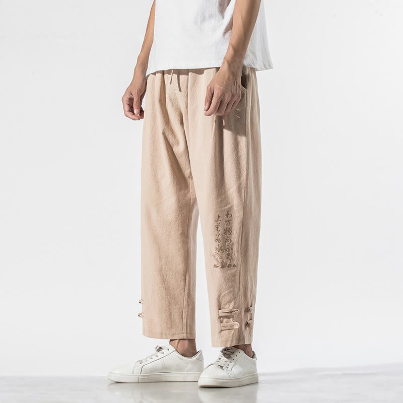 Pantalones de lino y algodón para hombre con bordado de caracteres chinos y Buddha Stones, con bolsillos, para verano - image 19
