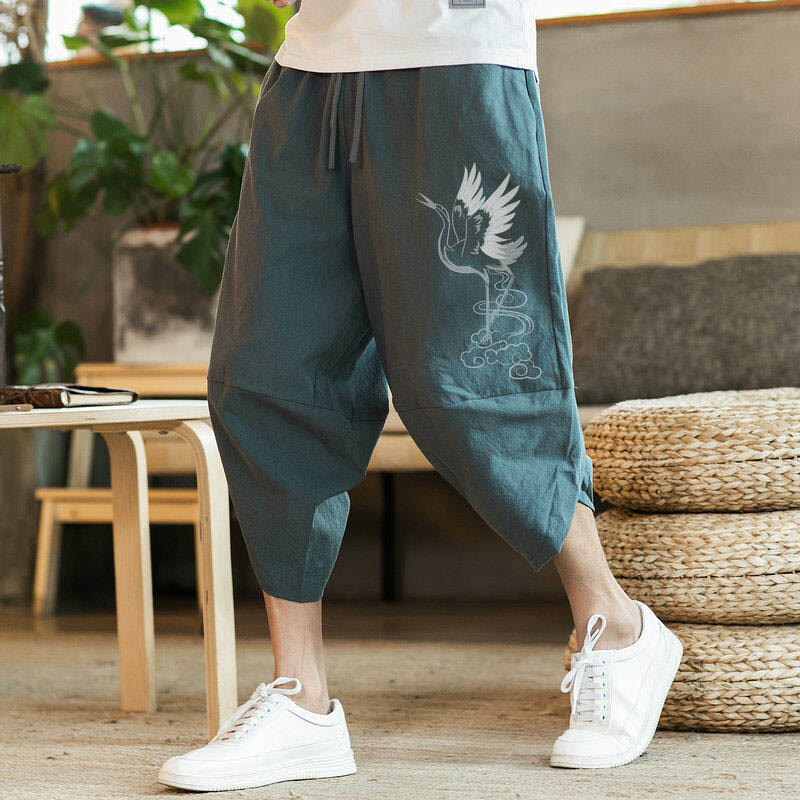 Pantalones harén de algodón y lino con bordado de nubes y grullas blancas de Buddha Stones para hombre, de longitud 7-8, con bolsillos - Cadete Azul - US/UK/AU46, EU56 (5XL) - image 8