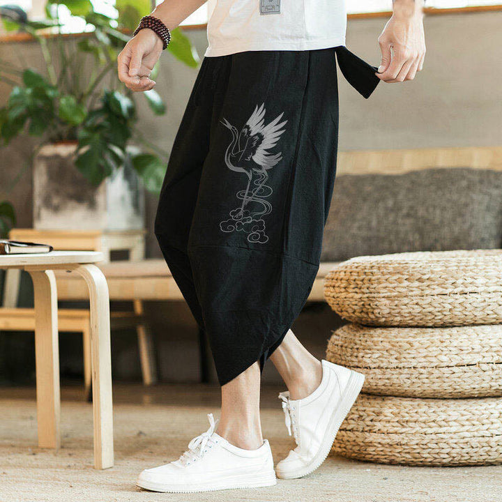 Pantalones harén de algodón y lino con bordado de nubes y grullas blancas de Buddha Stones para hombre, de longitud 7-8, con bolsillos - image 2