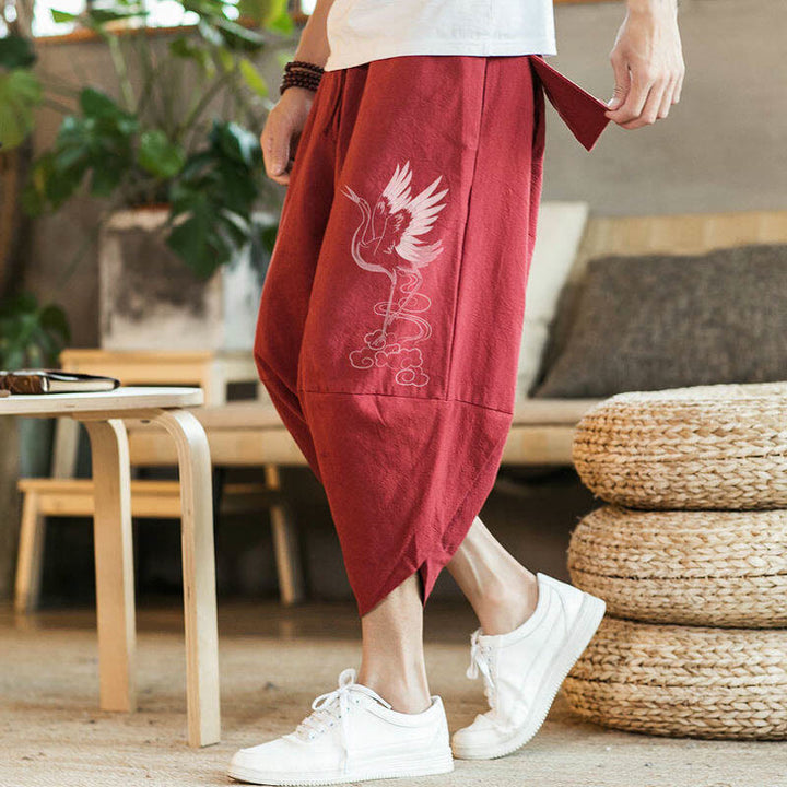Pantalones harén de algodón y lino con bordado de nubes y grullas blancas de Buddha Stones para hombre, de longitud 7-8, con bolsillos - Rojo - US/UK/AU46, EU56 (5XL) - image 5