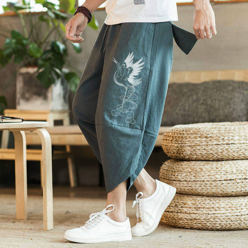 Pantalones harén de algodón y lino con bordado de nubes y grullas blancas de Buddha Stones para hombre, de longitud 7-8, con bolsillos - image 12