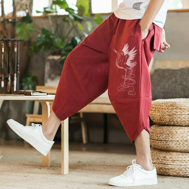 Pantalones harén de algodón y lino con bordado de nubes y grullas blancas de Buddha Stones para hombre, de longitud 7-8, con bolsillos - image 7