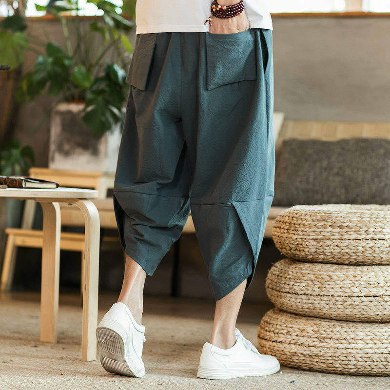 Pantalones harén de algodón y lino con bordado de nubes y grullas blancas de Buddha Stones para hombre, de longitud 7-8, con bolsillos - image 10