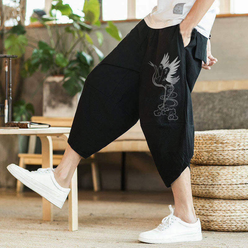 Pantalones harén de algodón y lino con bordado de nubes y grullas blancas de Buddha Stones para hombre, de longitud 7-8, con bolsillos - image 4