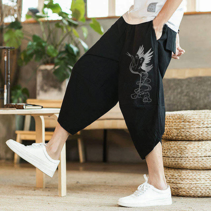 Pantalones harén de algodón y lino con bordado de nubes y grullas blancas de Buddha Stones para hombre, de longitud 7-8, con bolsillos - image 4
