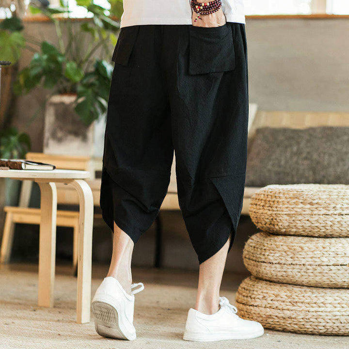 Pantalones harén de algodón y lino con bordado de nubes y grullas blancas de Buddha Stones para hombre, de longitud 7-8, con bolsillos - image 3