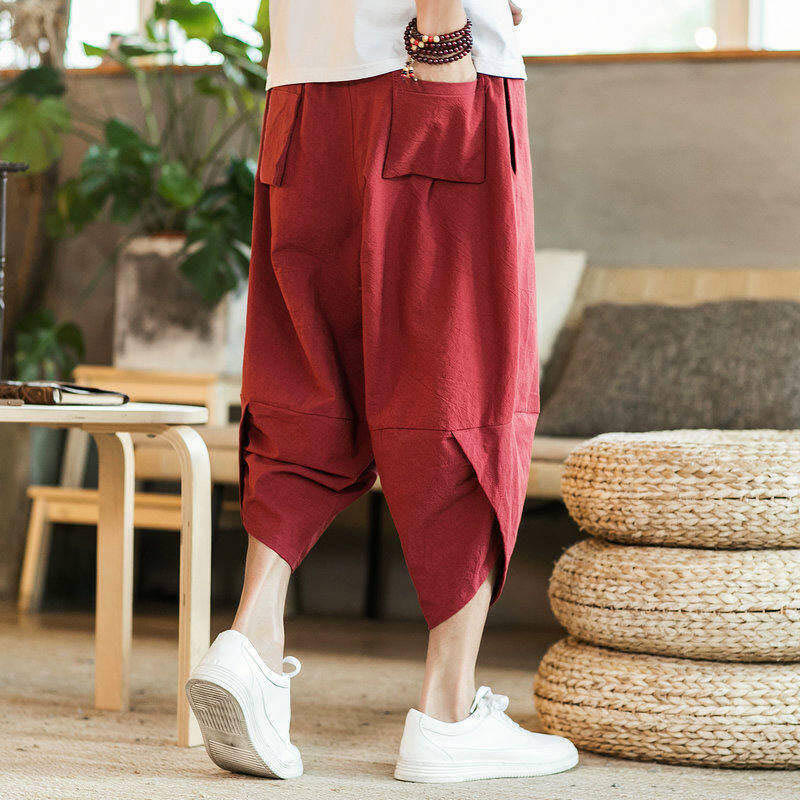 Pantalones harén de algodón y lino con bordado de nubes y grullas blancas de Buddha Stones para hombre, de longitud 7-8, con bolsillos - image 6