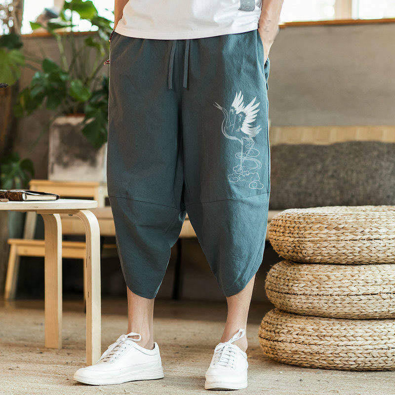 Pantalones harén de algodón y lino con bordado de nubes y grullas blancas de Buddha Stones para hombre, de longitud 7-8, con bolsillos - image 9