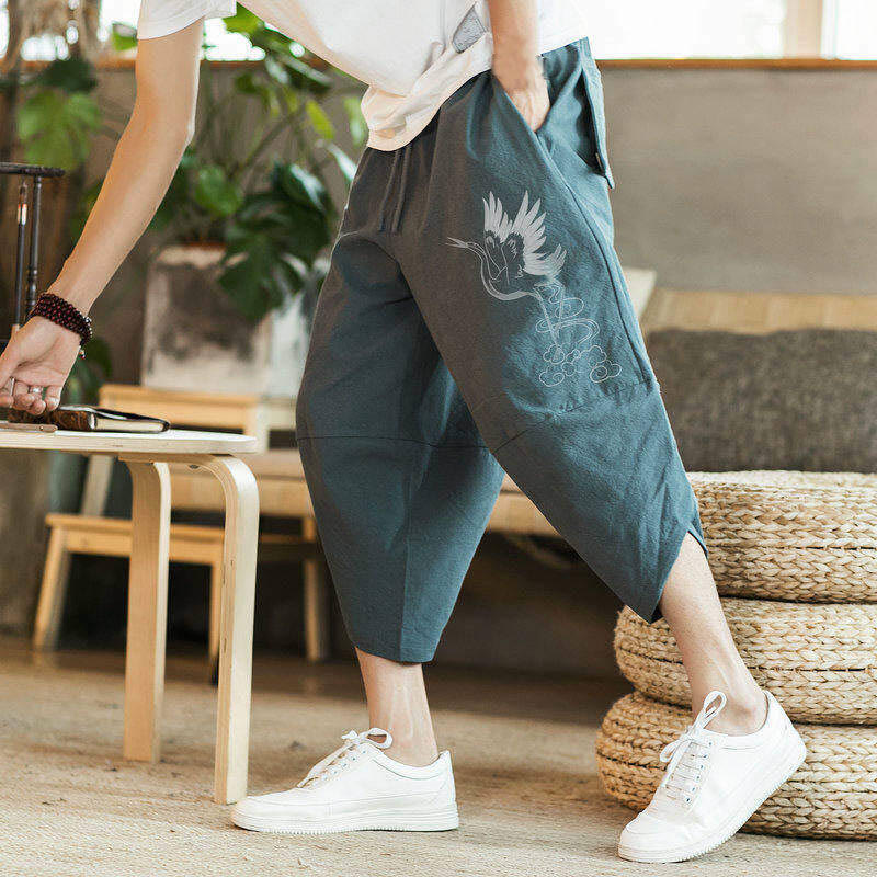 Pantalones harén de algodón y lino con bordado de nubes y grullas blancas de Buddha Stones para hombre, de longitud 7-8, con bolsillos - image 11