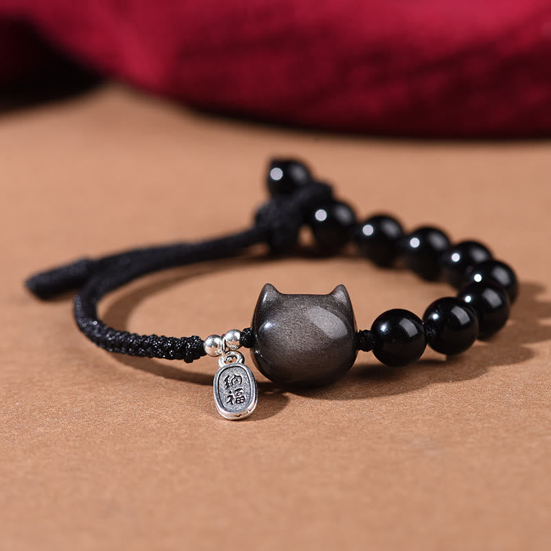 Pulsera de fuerza con Buddha Stones, obsidiana negra y brillo plateado, con un lindo gato bailando y león. - Gato (circunferencia de muñeca 14-16 cm) - image 1
