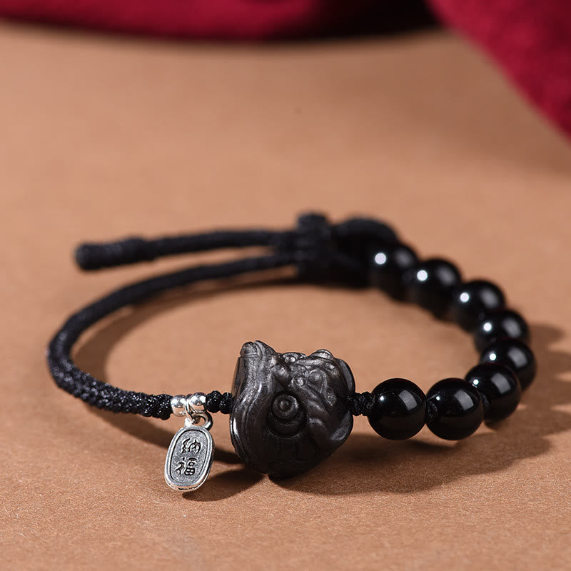 Pulsera de fuerza con Buddha Stones, obsidiana negra y brillo plateado, con un lindo gato bailando y león. - León danzante (circunferencia de muñeca: 14-16 cm) - image 7