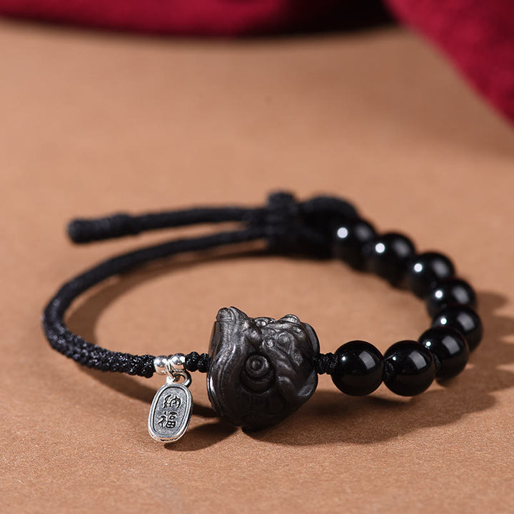 Pulsera de fuerza con Buddha Stones, obsidiana negra y brillo plateado, con un lindo gato bailando y león. - León danzante (circunferencia de muñeca: 14-16 cm) - image 7