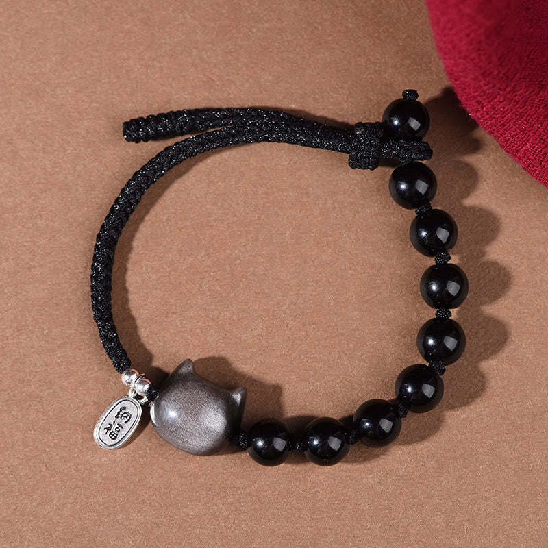 Pulsera de fuerza con Buddha Stones, obsidiana negra y brillo plateado, con un lindo gato bailando y león. - image 3