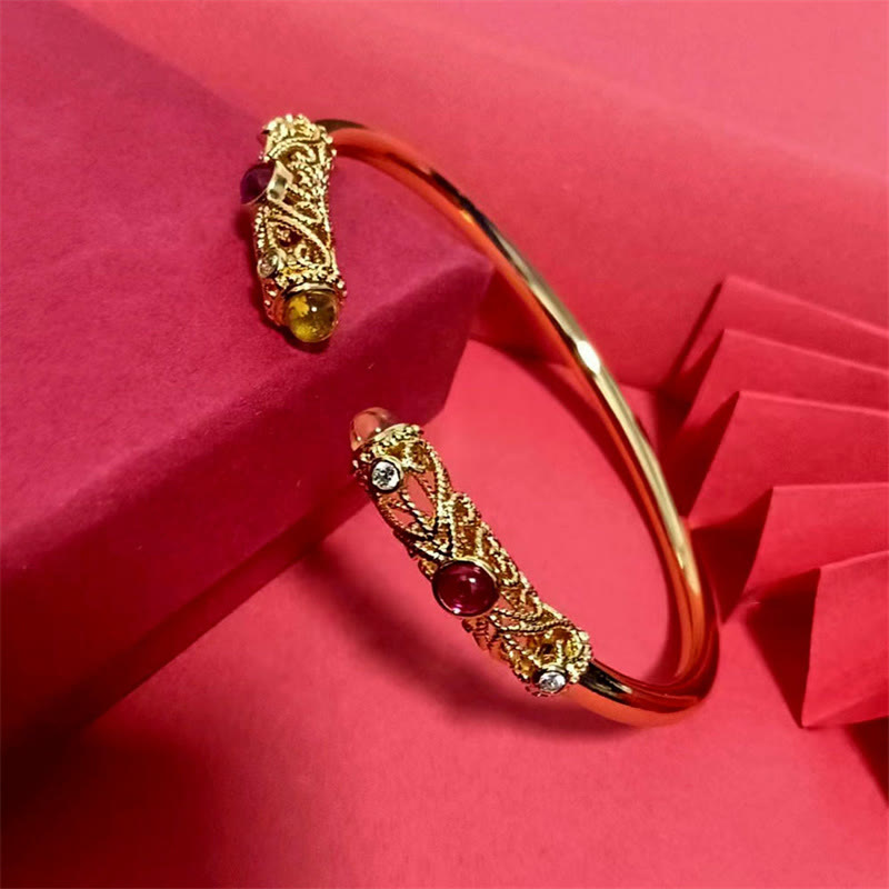 Brazalete de la suerte con Buddha Stones, diseño de flores doradas, circonita roja, ámbar y cobre - image 8