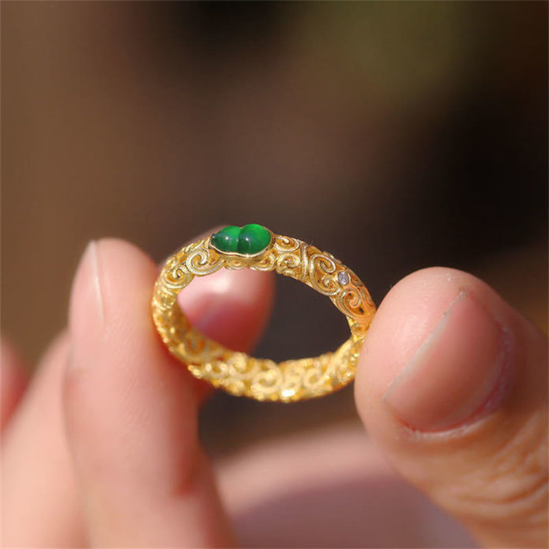 Anillo de riqueza de aleación de cobre y calcedonia verde con calabaza vintage y Buddha Stones - image 11