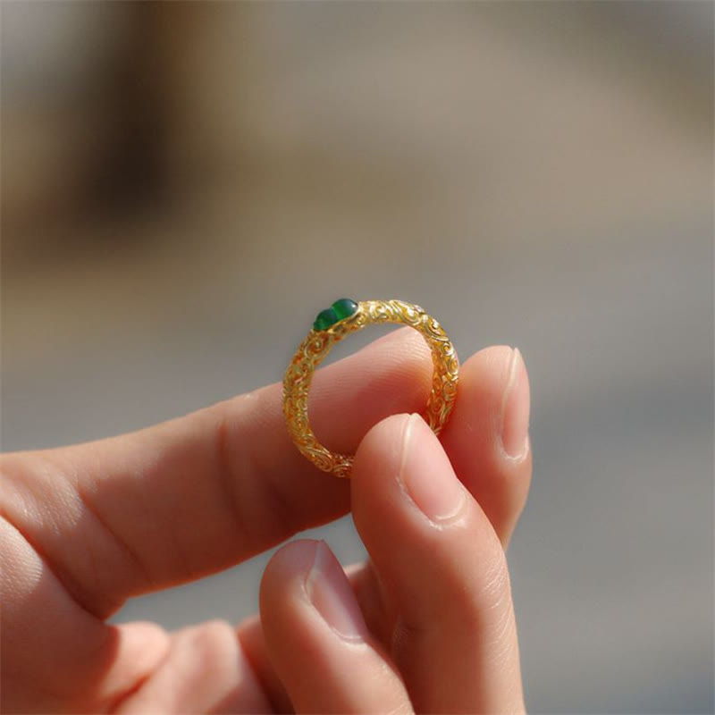 Anillo de riqueza de aleación de cobre y calcedonia verde con calabaza vintage y Buddha Stones - image 12