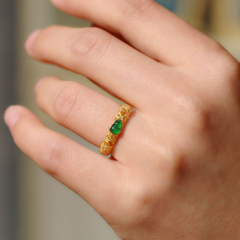 Anillo de riqueza de aleación de cobre y calcedonia verde con calabaza vintage y Buddha Stones - image 14