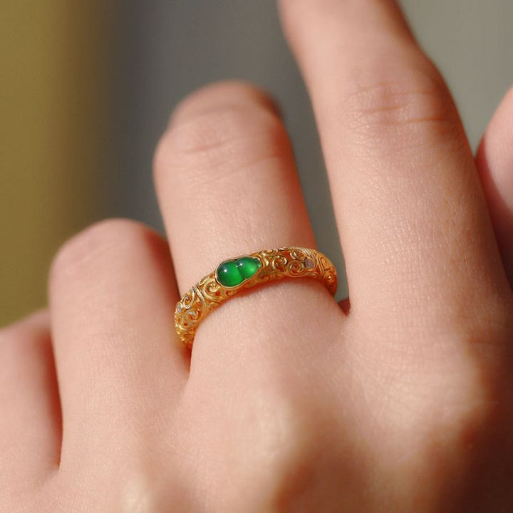 Anillo de riqueza de aleación de cobre y calcedonia verde con calabaza vintage y Buddha Stones - image 13