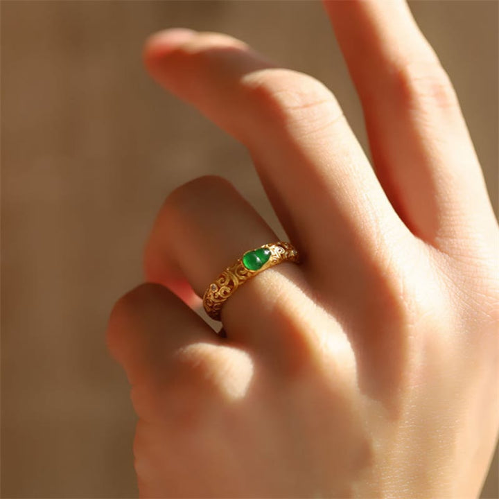 Anillo de riqueza de aleación de cobre y calcedonia verde con calabaza vintage y Buddha Stones - image 15
