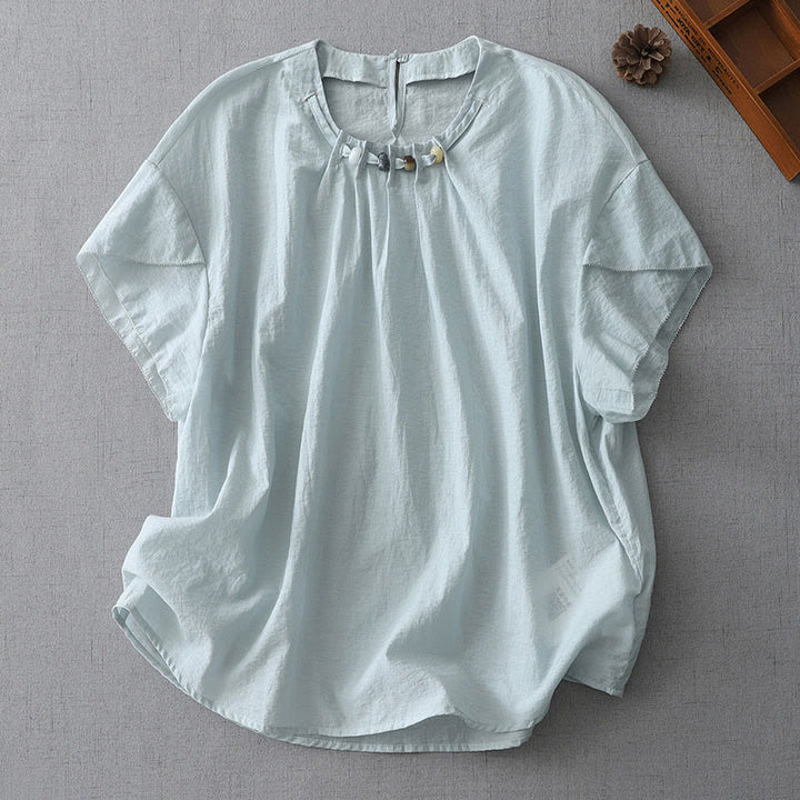 Camisa de algodón de manga corta con cuello redondo y cuentas de Buddha Stones para mujer - Azul claro - US12, UK/AU16, EU44 (2XL) - image 1