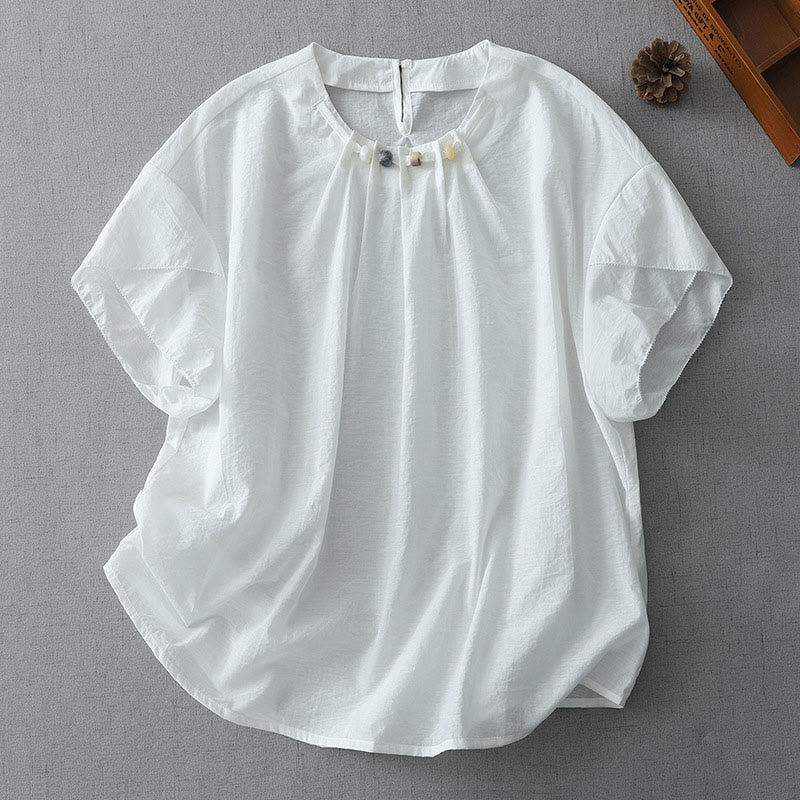 Camisa de algodón de manga corta con cuello redondo y cuentas de Buddha Stones para mujer - Blanco - US12, UK/AU16, EU44 (2XL) - image 6