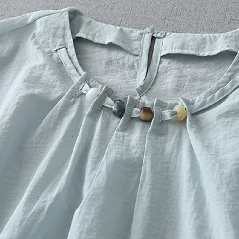 Camisa de algodón de manga corta con cuello redondo y cuentas de Buddha Stones para mujer - image 3