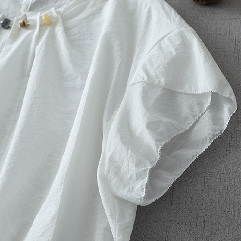 Camisa de algodón de manga corta con cuello redondo y cuentas de Buddha Stones para mujer - image 11