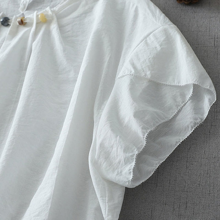 Camisa de algodón de manga corta con cuello redondo y cuentas de Buddha Stones para mujer - image 11
