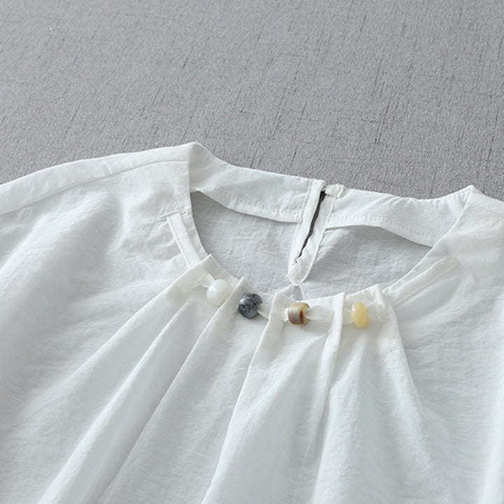 Camisa de algodón de manga corta con cuello redondo y cuentas de Buddha Stones para mujer - image 8