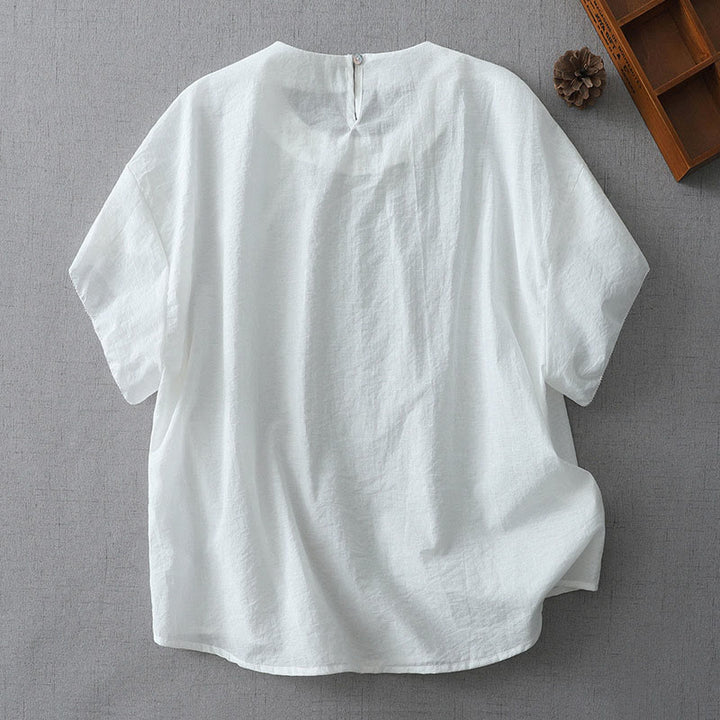 Camisa de algodón de manga corta con cuello redondo y cuentas de Buddha Stones para mujer - image 7