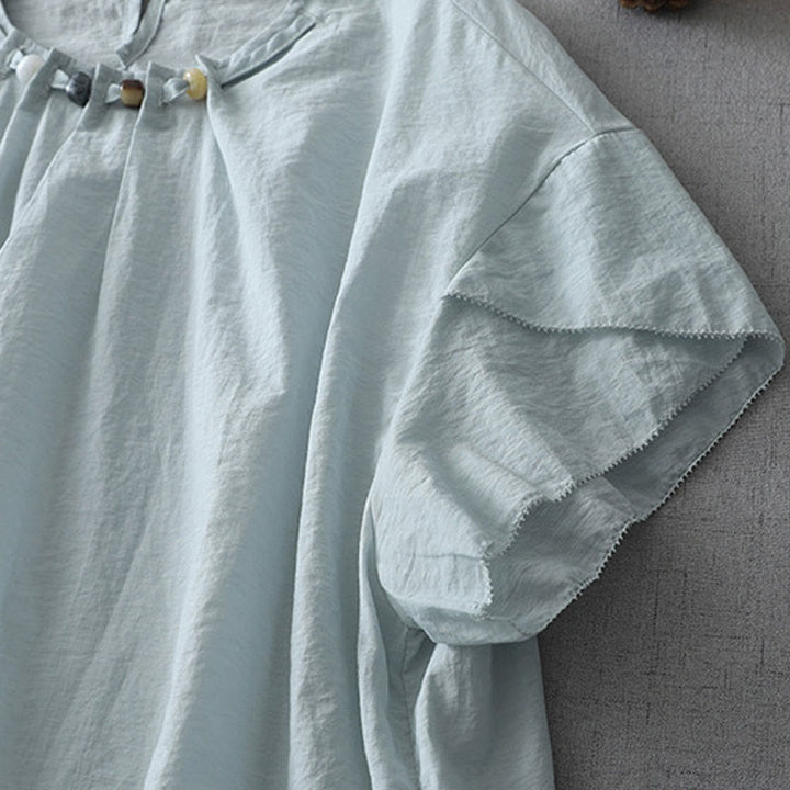 Camisa de algodón de manga corta con cuello redondo y cuentas de Buddha Stones para mujer - image 4
