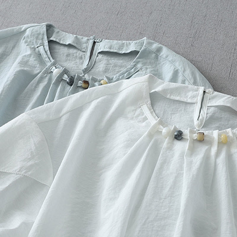 Camisa de algodón de manga corta con cuello redondo y cuentas de Buddha Stones para mujer - image 15