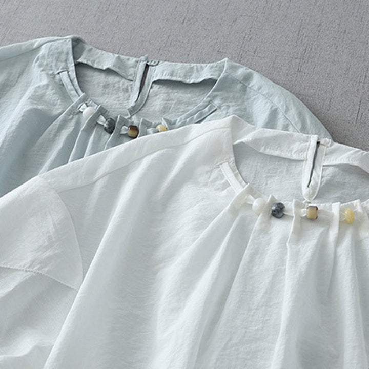 Camisa de algodón de manga corta con cuello redondo y cuentas de Buddha Stones para mujer - image 15