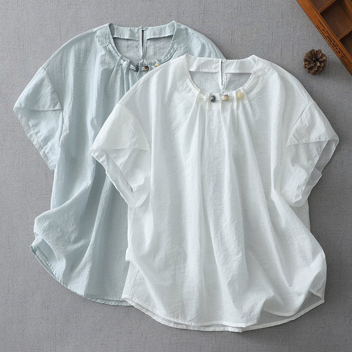 Camisa de algodón de manga corta con cuello redondo y cuentas de Buddha Stones para mujer - image 2