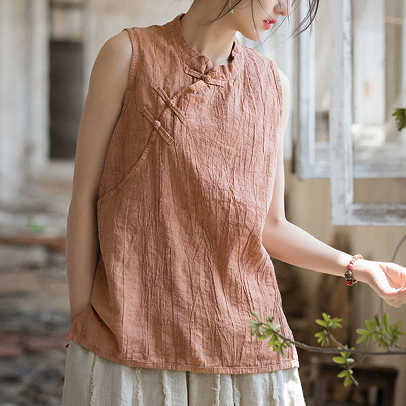 Chaleco sin mangas de algodón ramio con botones de rana y teñido anudado de Buddha Stones para mujer - PeachPuff - US4, UK/AU8, UE36 (F) - image 1